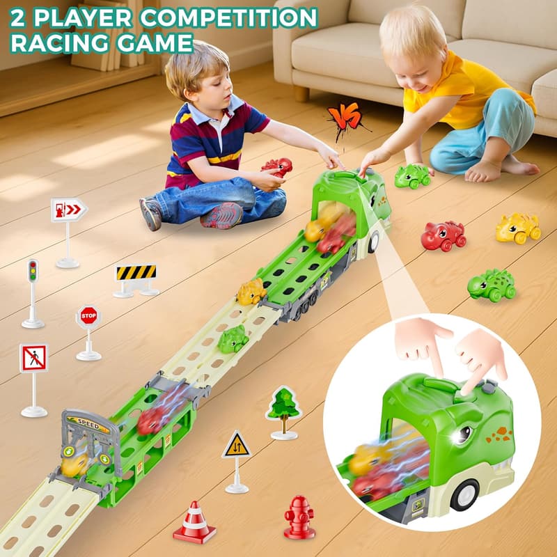 Dinosaur Truck Toy Set with Foldable Track & Accessories, Birthday Gift for Kids