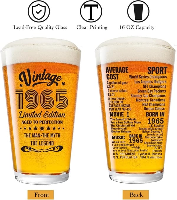 60th Birthday Vintage Beer Glass Gift for Him