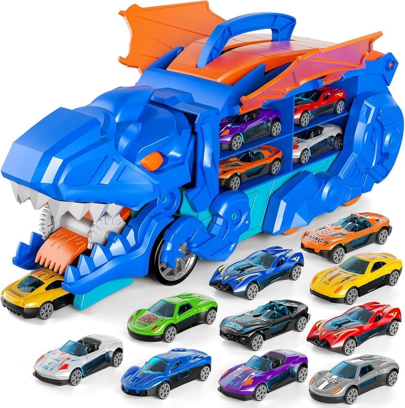 Dinosaur Transporter Truck Toy Set for Toddlers with 10 Cars
