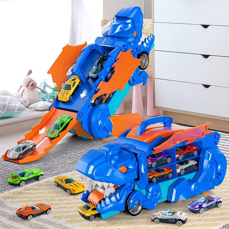 Dinosaur Transporter Truck Toy Set for Toddlers with 10 Cars