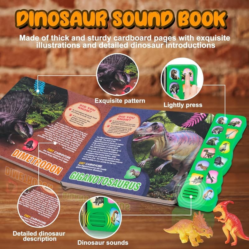 Dinosaur Sound Book with 12 Interactive Toy Figures for Kids