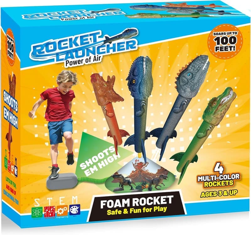 Dinosaur Rocket Launcher Set - 4 Rockets & Launch Pad, Outdoor Fun for Kids