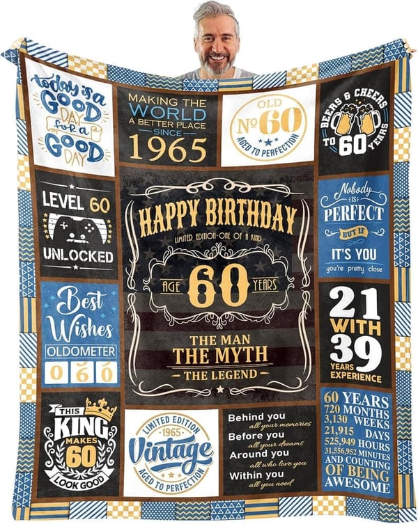 60th Birthday Blanket for Men - 60 x 50 Inch Gift
