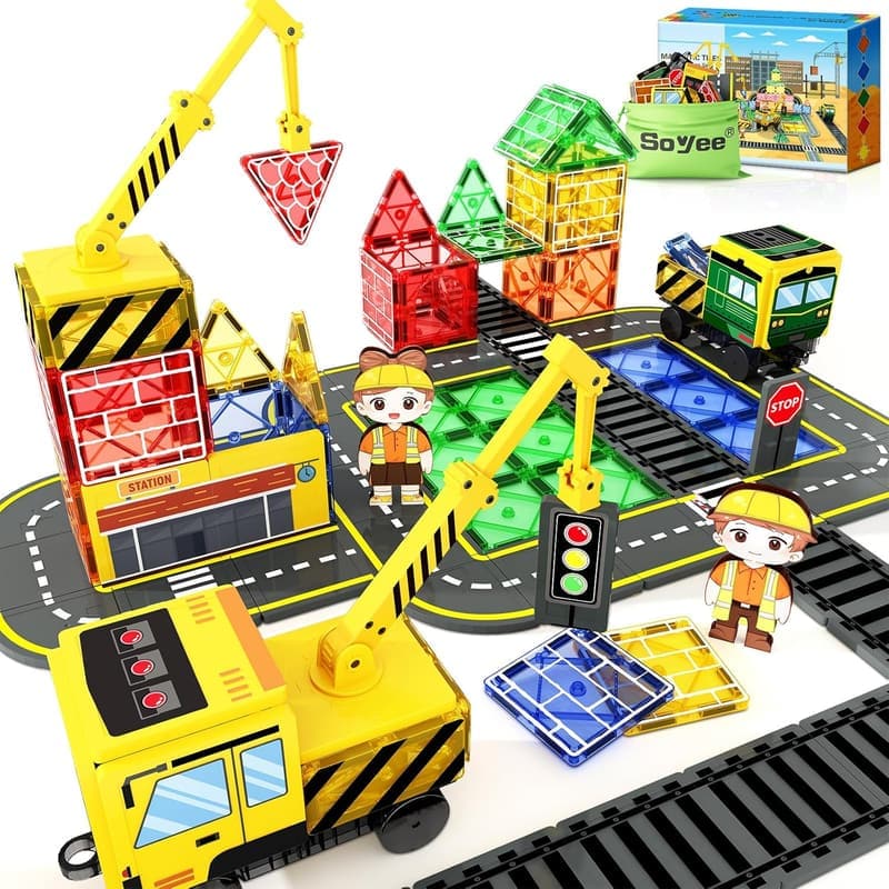 Magnetic Building Tiles Set with Cranes for Ages 3-10