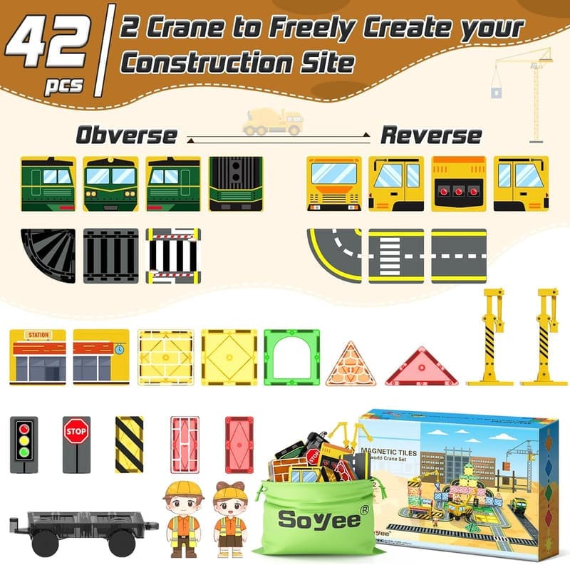 Magnetic Building Tiles Set with Cranes for Ages 3-10