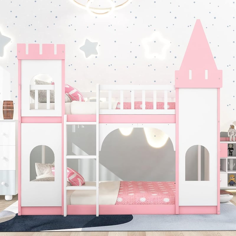Princess Twin Bunk Bed in Pink, Solid Pine with Ladder