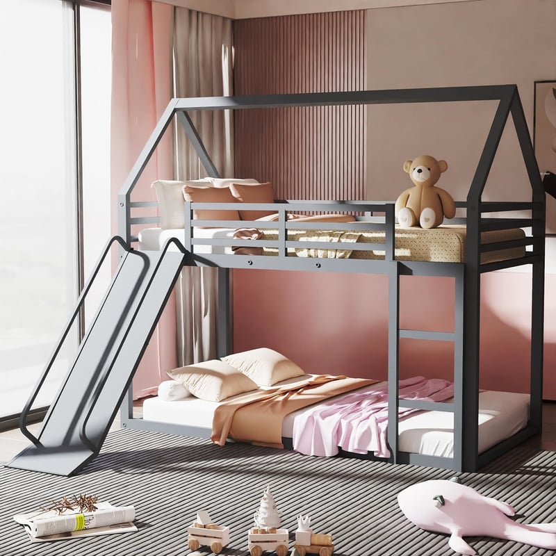 Silver Twin Over Twin Metal Bunk Bed with Slide & Safety Guardrail