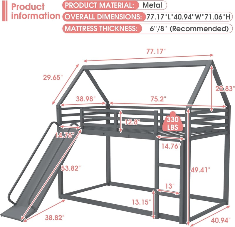 Silver Twin Over Twin Metal Bunk Bed with Slide & Safety Guardrail