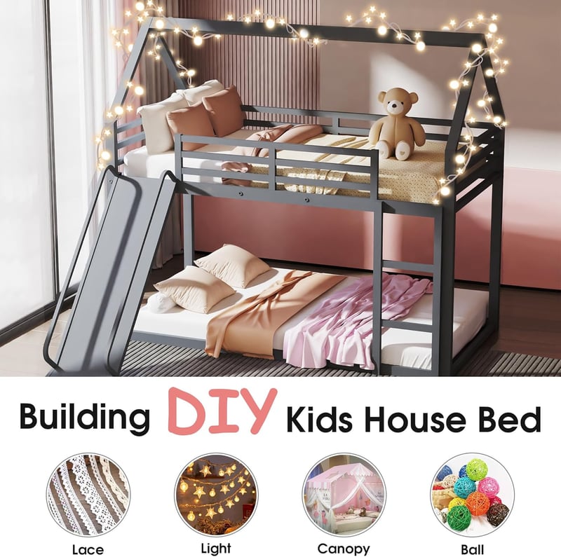 Silver Twin Over Twin Metal Bunk Bed with Slide & Safety Guardrail