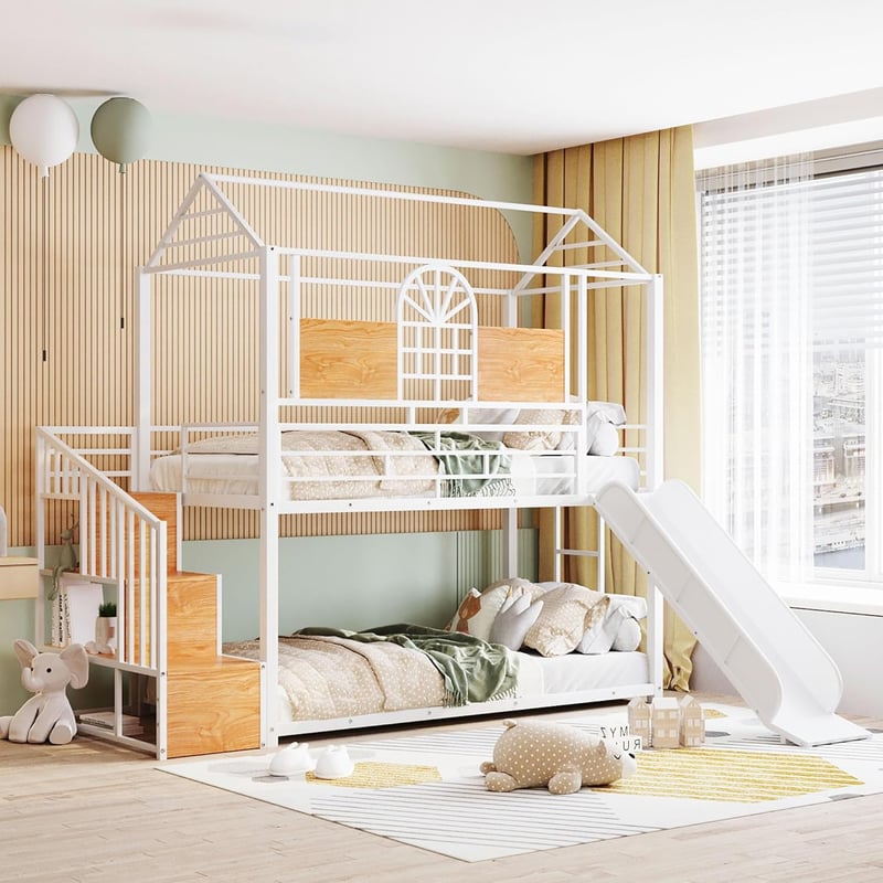 White Metal Twin Bunk Bed with Slide and Storage Steps