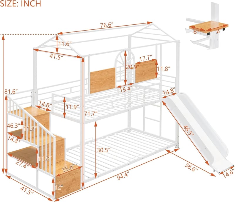 White Metal Twin Bunk Bed with Slide and Storage Steps