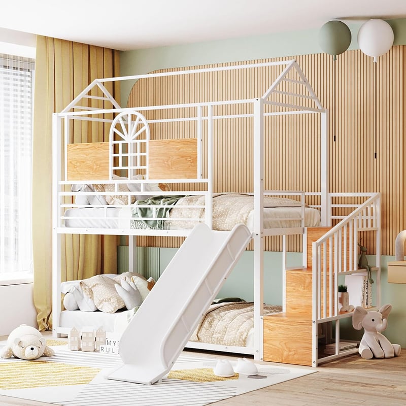 White Metal Twin Bunk Bed with Slide and Storage Steps