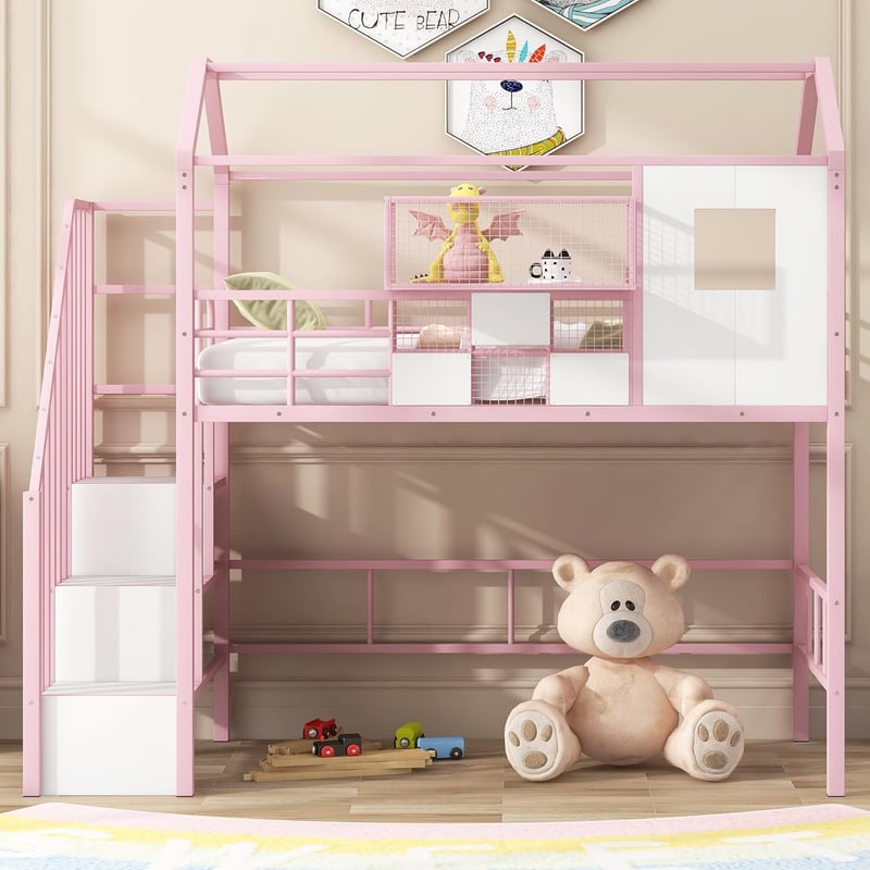 Kids Twin Low Loft Bed with House Frame & Storage (Pink)