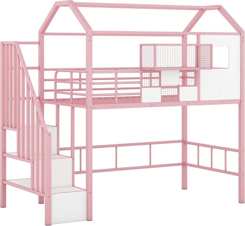 Kids Twin Low Loft Bed with House Frame & Storage (Pink)