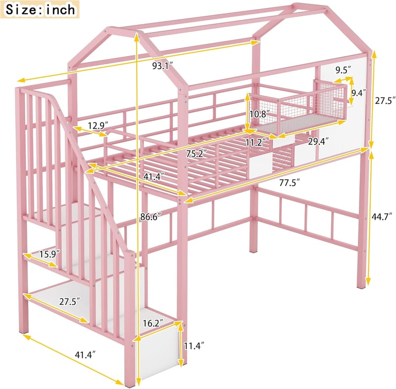 Kids Twin Low Loft Bed with House Frame & Storage (Pink)