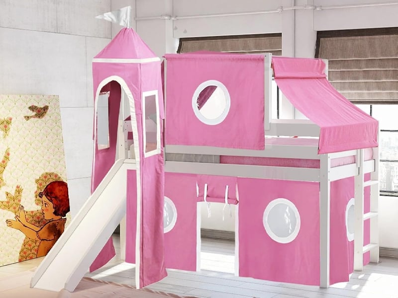 Princess Low Loft Bed with Slide and Tent, Twin, White