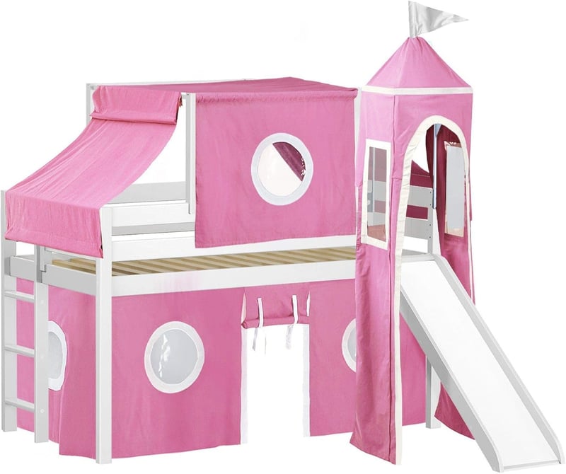 Princess Low Loft Bed with Slide and Tent, Twin, White