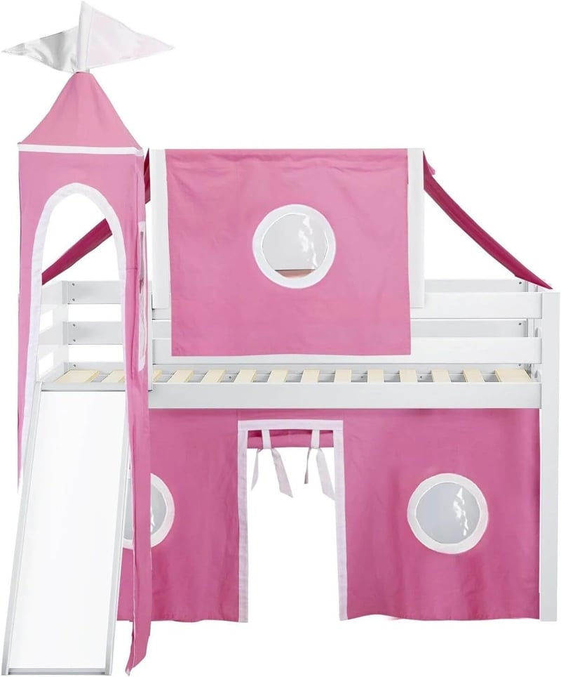 Princess Low Loft Bed with Slide and Tent, Twin, White