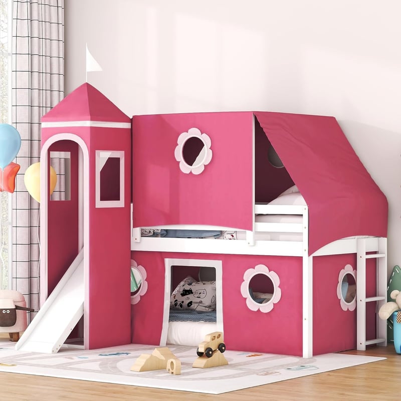Castle Loft Bed with Slide & Pink Tent for Kids