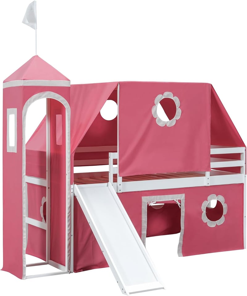 Castle Loft Bed with Slide & Pink Tent for Kids