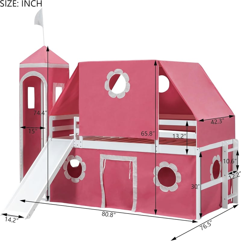 Castle Loft Bed with Slide & Pink Tent for Kids