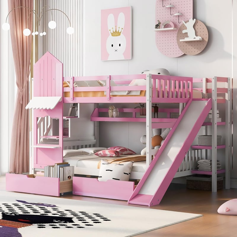 Pink Castle Style Bunk Bed with Slide, Storage & Shelves