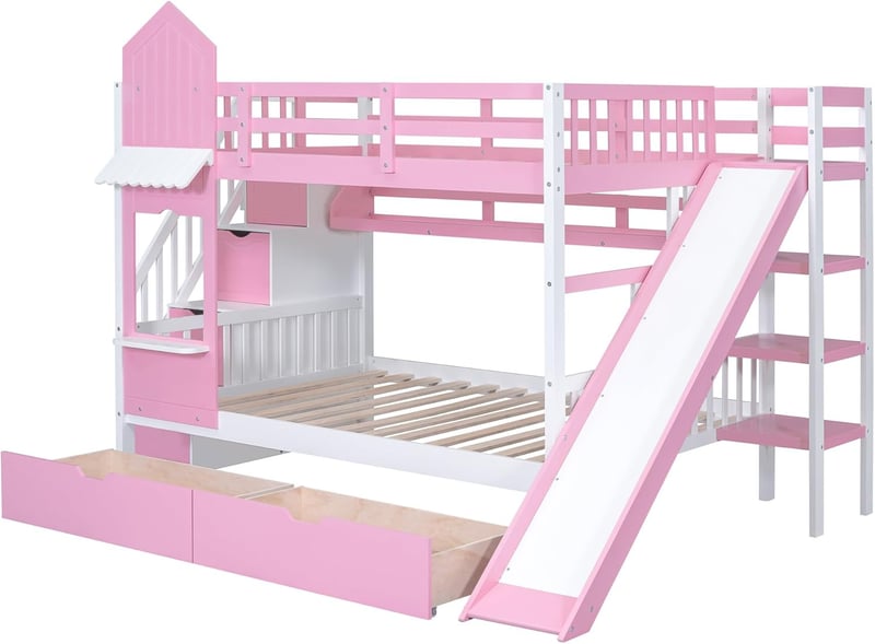 Pink Castle Style Bunk Bed with Slide, Storage & Shelves