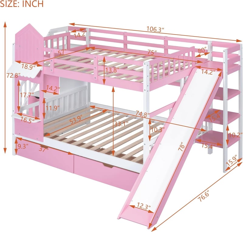 Pink Castle Style Bunk Bed with Slide, Storage & Shelves