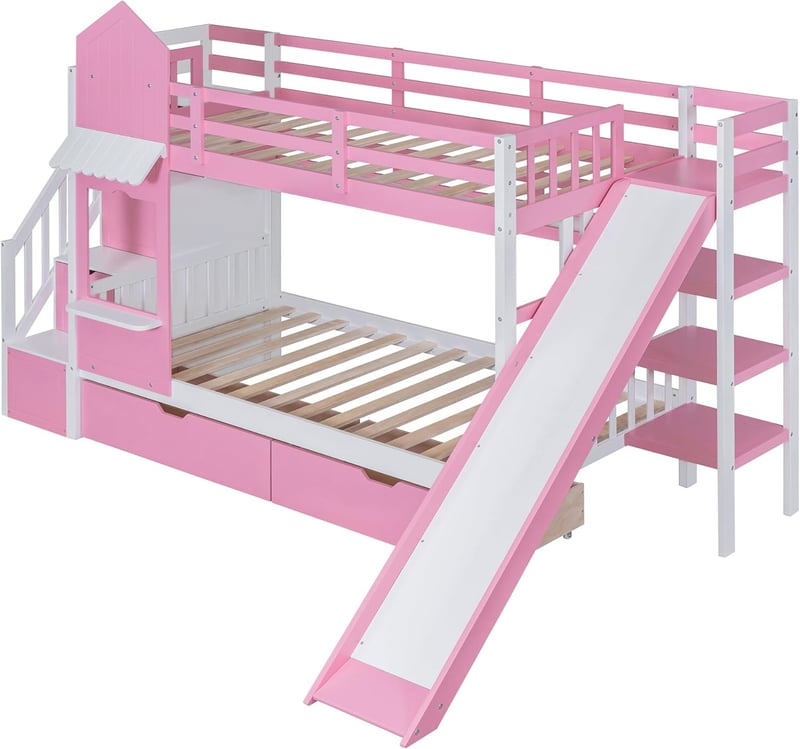 Castle Bunk Bed with Slide & Storage for Kids, Pink