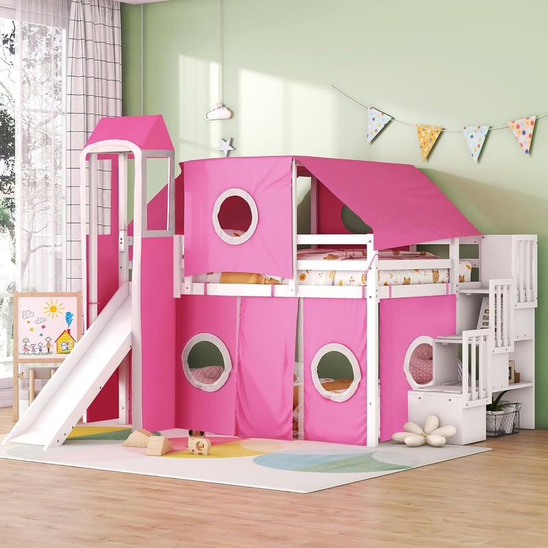 Pink Castle Loft Bed with Slide and Tent for Kids