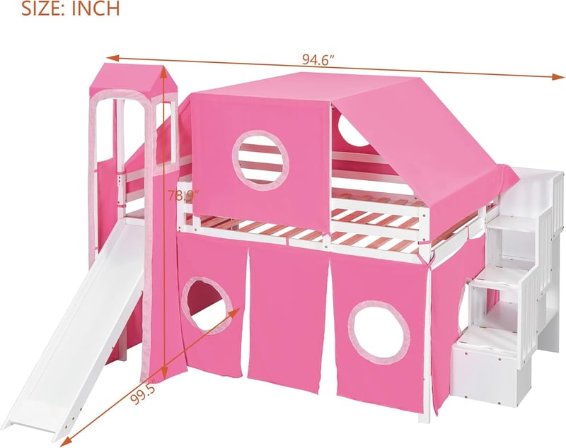 Pink Castle Loft Bed with Slide and Tent for Kids