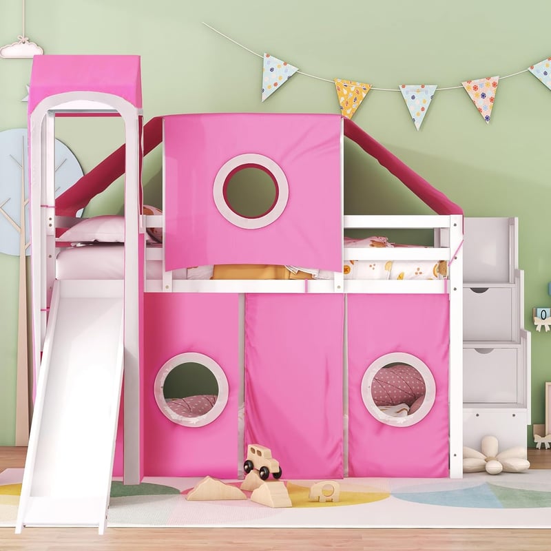 Pink Castle Loft Bed with Slide and Tent for Kids