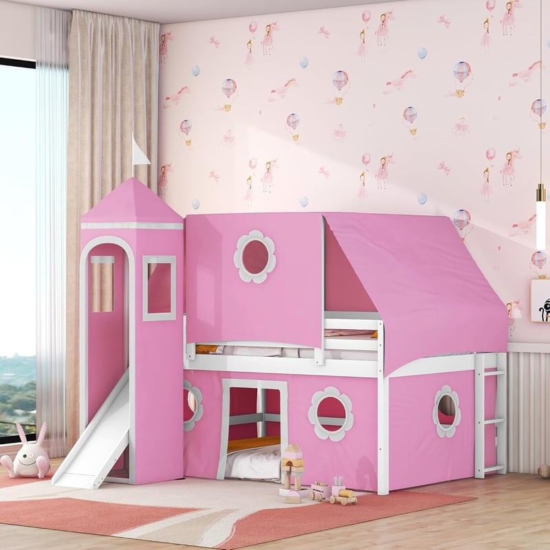 Pink Princess Castle Bunk Bed with Slide, Twin over Twin