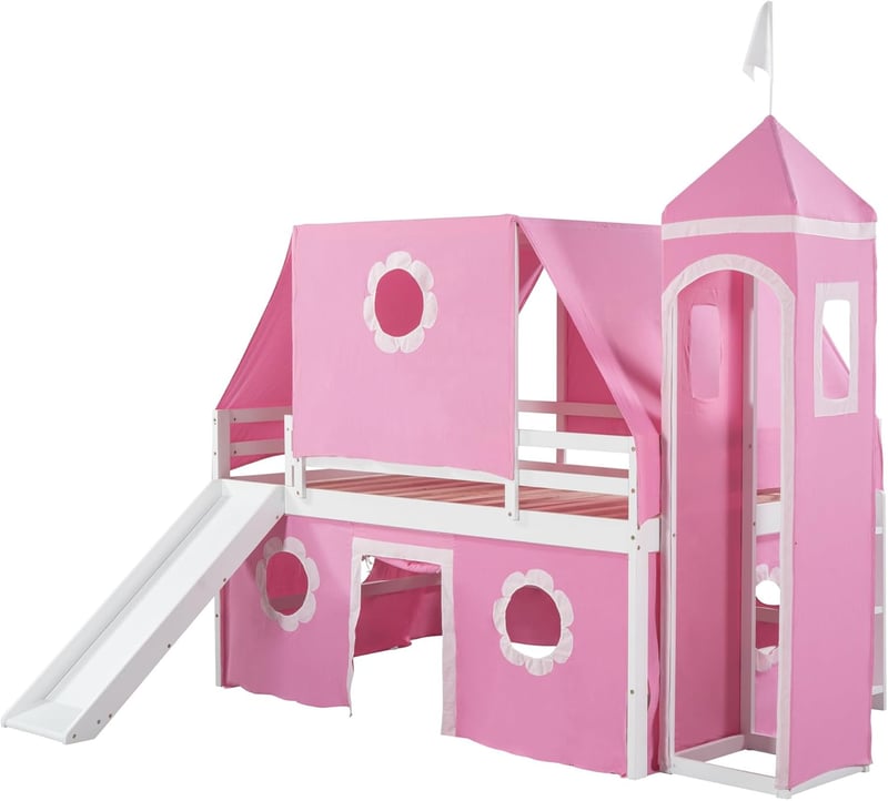 Pink Princess Castle Bunk Bed with Slide, Twin over Twin