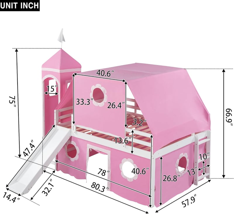 Pink Princess Castle Bunk Bed with Slide, Twin over Twin