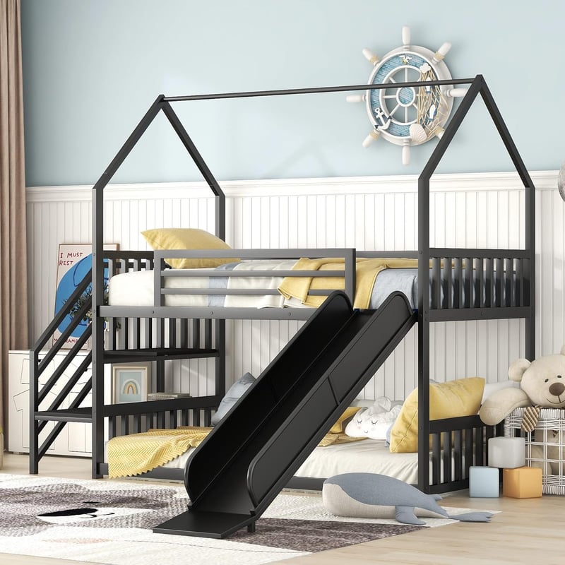 Kids' Twin-Over-Twin Metal Bunk Bed with Slide and Stairs