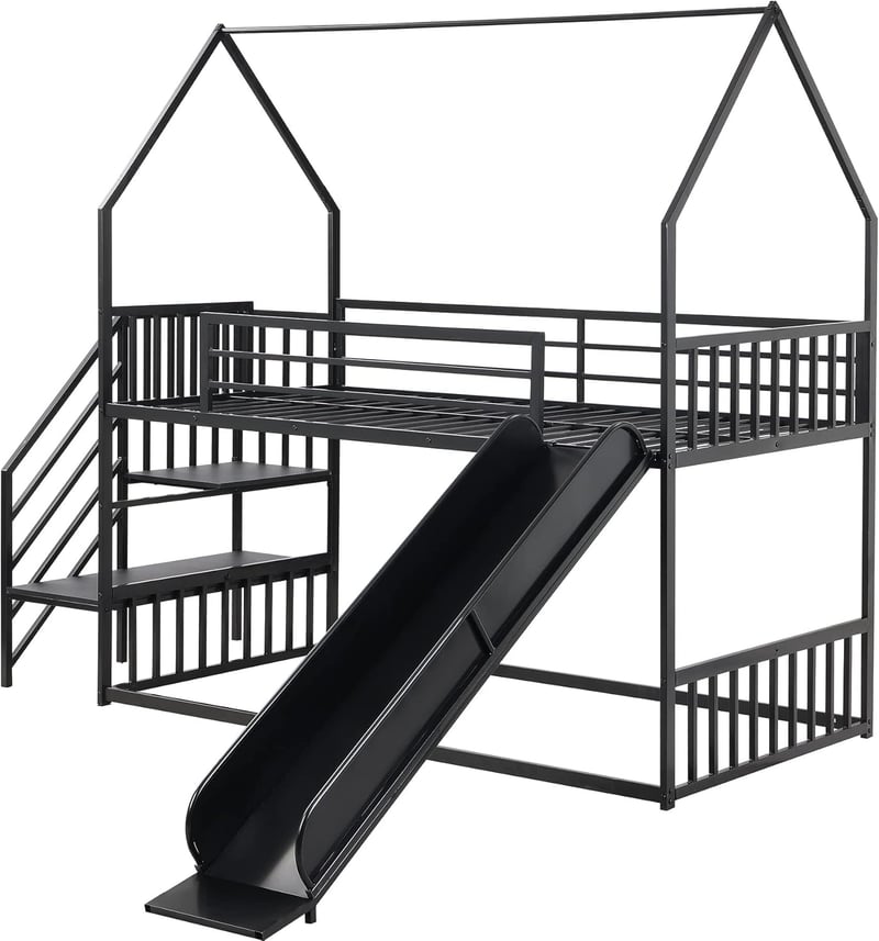Kids' Twin-Over-Twin Metal Bunk Bed with Slide and Stairs