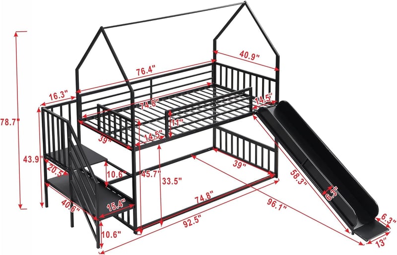 Kids' Twin-Over-Twin Metal Bunk Bed with Slide and Stairs