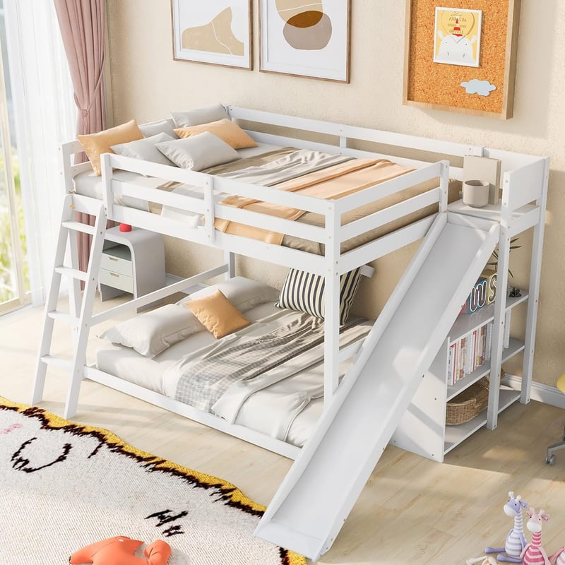 Full Over Full Bunk Bed with Slide & Bookshelves for Kids - White