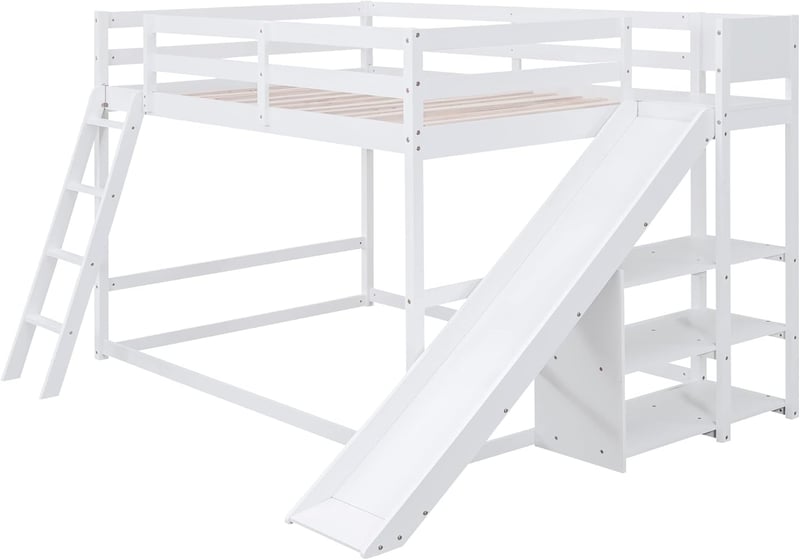 Full Over Full Bunk Bed with Slide & Bookshelves for Kids - White