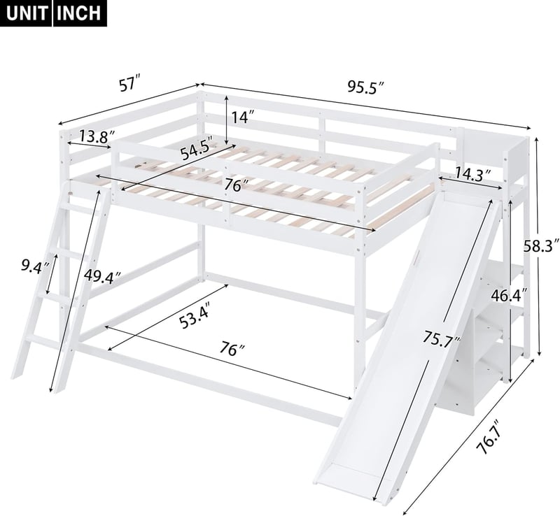 Full Over Full Bunk Bed with Slide & Bookshelves for Kids - White