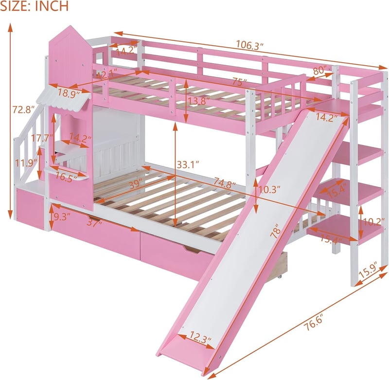 Castle Bunk Bed with Slide & Storage for Kids, Pink
