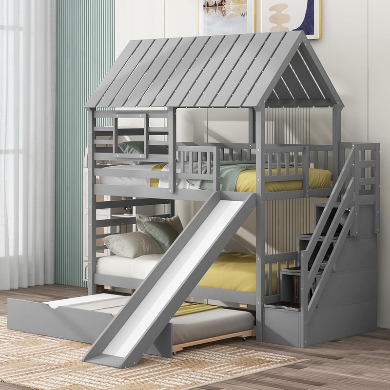 Kids Twin Bunk Bed with Slide, Trundle & Storage - Gray
