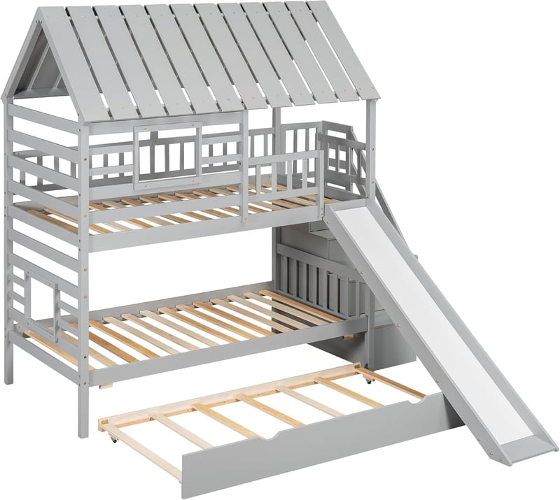 Kids Twin Bunk Bed with Slide, Trundle & Storage - Gray