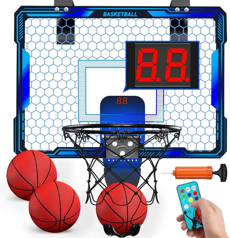 Indoor Remote Control Basketball Hoop with LED Lights & Scoreboard