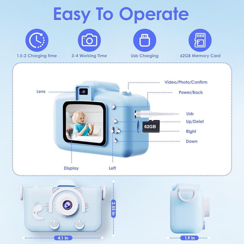 Kids' 1080P HD Digital Camera with Games & 62GB Card