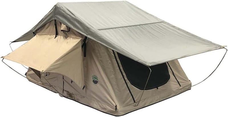 3-Person Roof Top Tent with Rain Fly – Tan/Green, Black Base