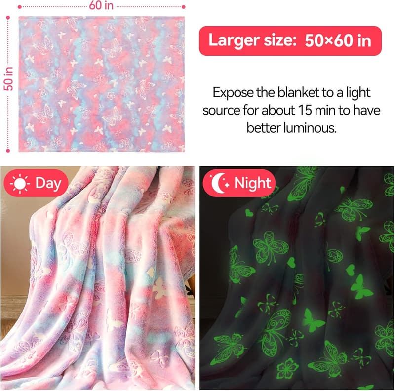 Glow in the Dark Butterfly Blanket for Girls Age 6-10