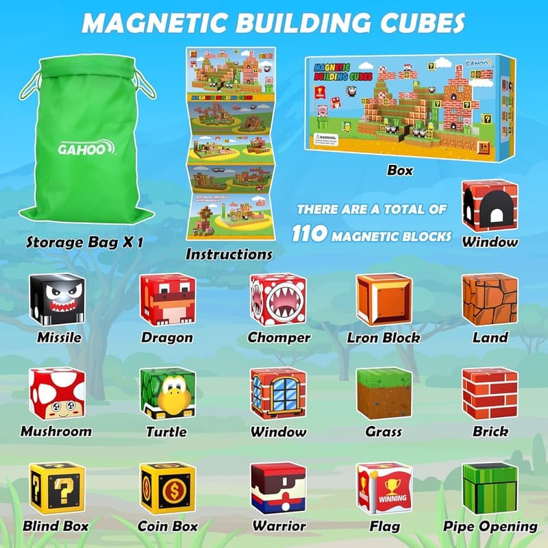 STEM Magnetic Building Blocks Set, 110 Pcs, Kids 3-10 Years