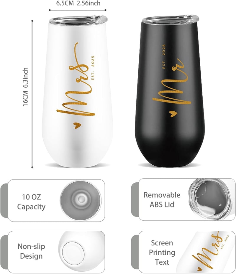 2025 Wedding Gifts: Mr and Mrs Champagne Flutes Set, 10 oz